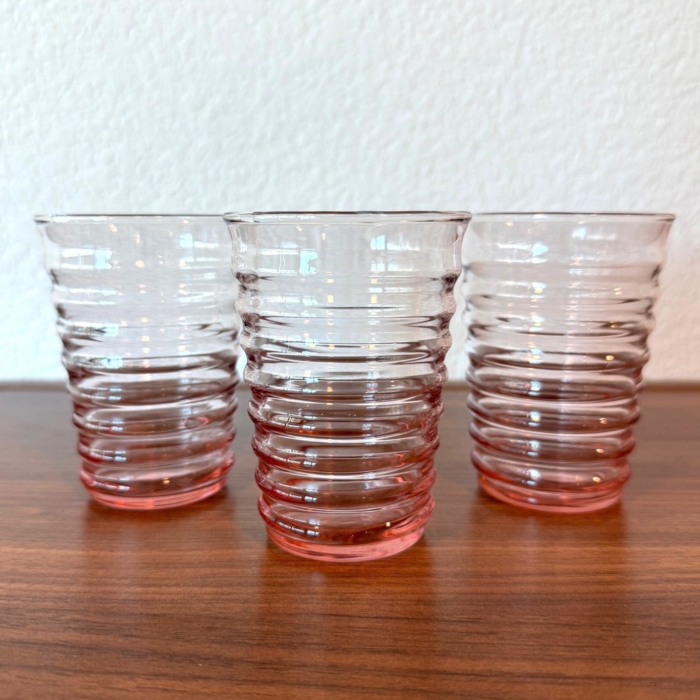 Vintage Set of 3 Anchor Hocking Pink Ribbed 3.75" Tall Juice Glasses